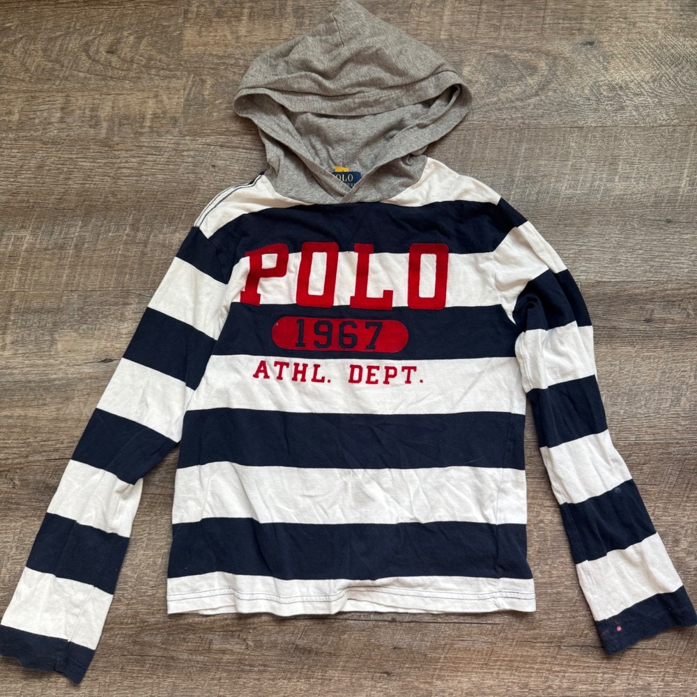 Polo Ralph Lauren 1967 Athl Dept Hooded Shirt Youth M Navy White Stripe Tee